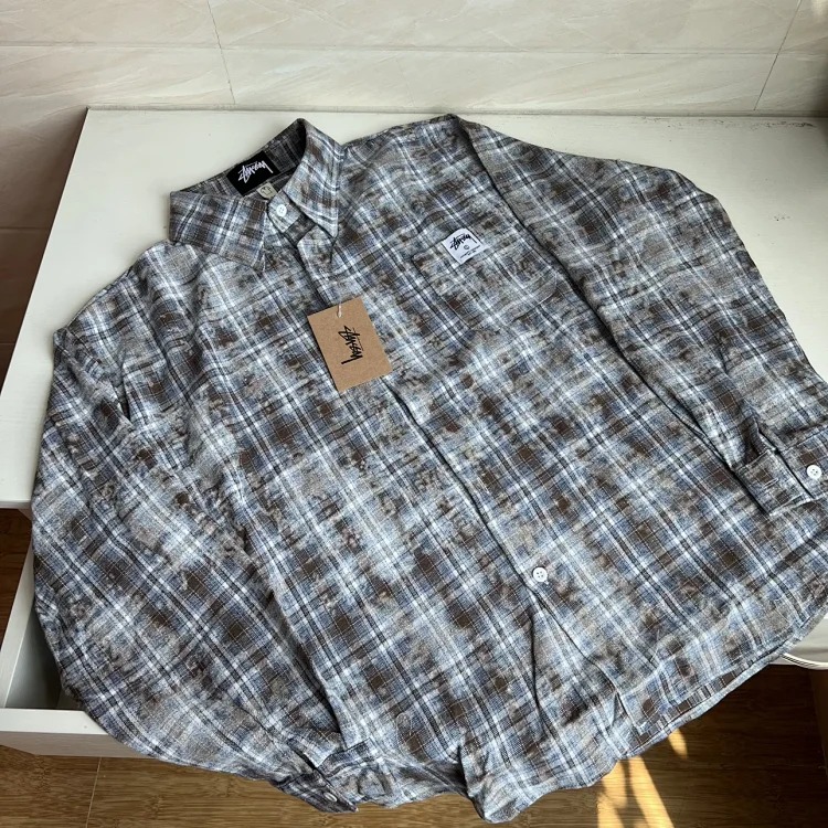 Stussy American Retro Embroidered Long-sleeved Shirt Men's Loose Ins Style Plaid Shirt Jacket