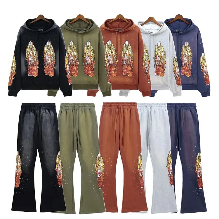Washed distressed heavy industry print suit retro hooded sweatshirt