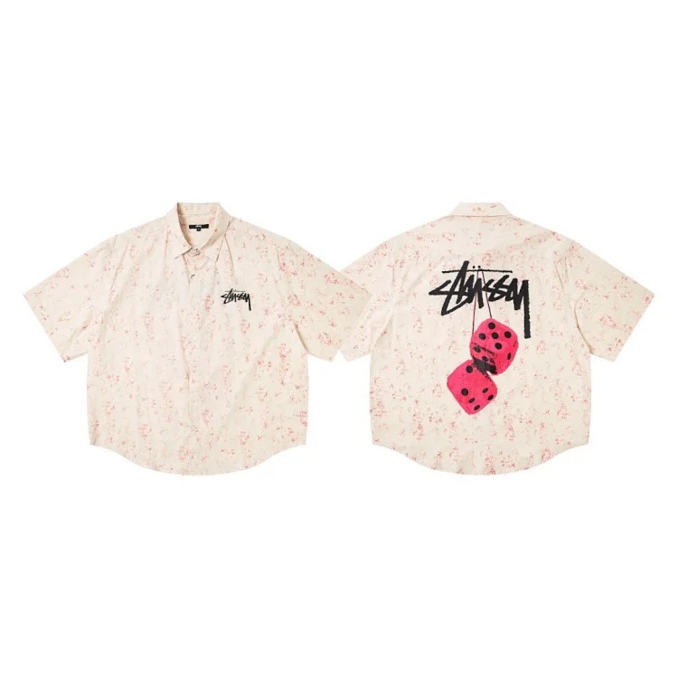 25SS Stussy Dice Series Fuzzy Dice Tee Pattern Printed American Retro Lapel T-Shirt