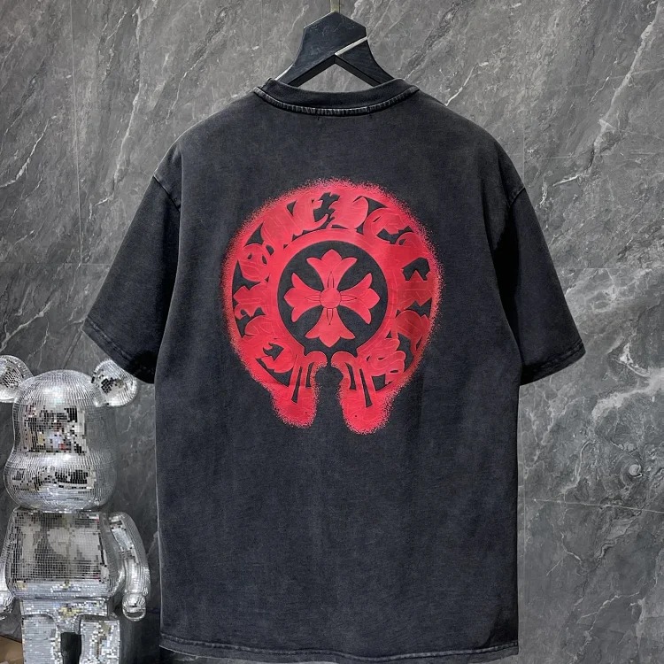 Cross horseshoe patchwork leather and ruffled short-sleeved T-shirt