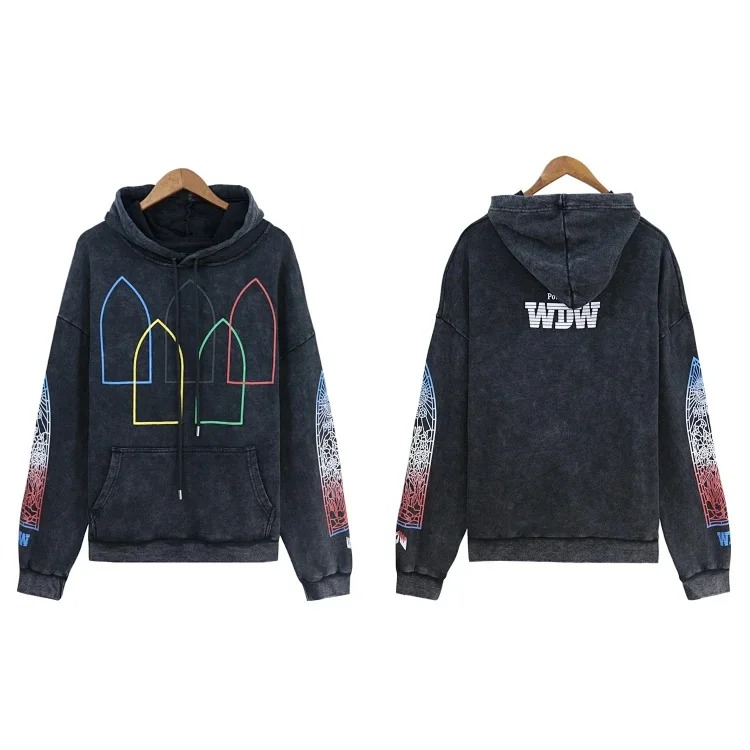 Washed distressed heavy industry print suit retro hooded sweatshirt