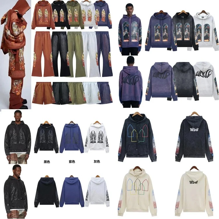 Washed distressed heavy industry print suit retro hooded sweatshirt