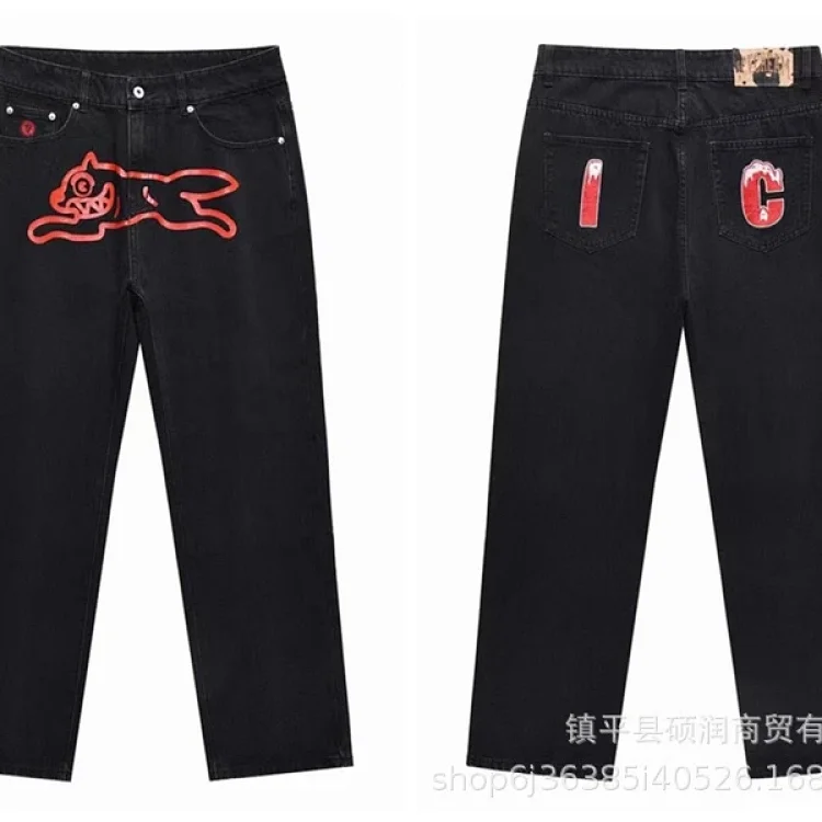 American high street fashion brand flying dog print unisex denim trousers