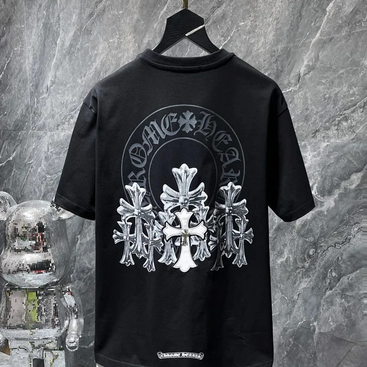 Cross horseshoe patchwork leather and ruffled short-sleeved T-shirt