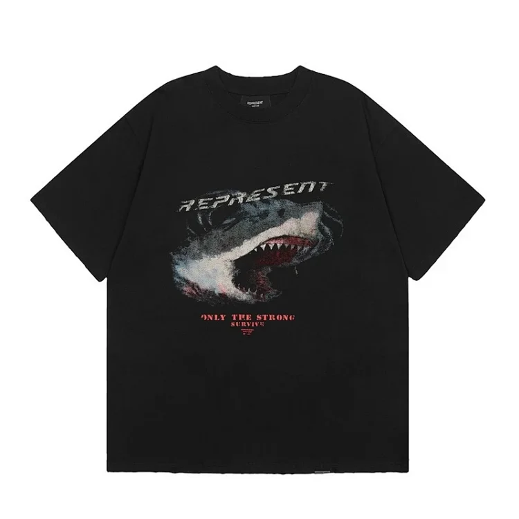 Collection Eagle Shark Pattern Printed Round Neck Short Sleeve Beauty Trendy Hip Hop