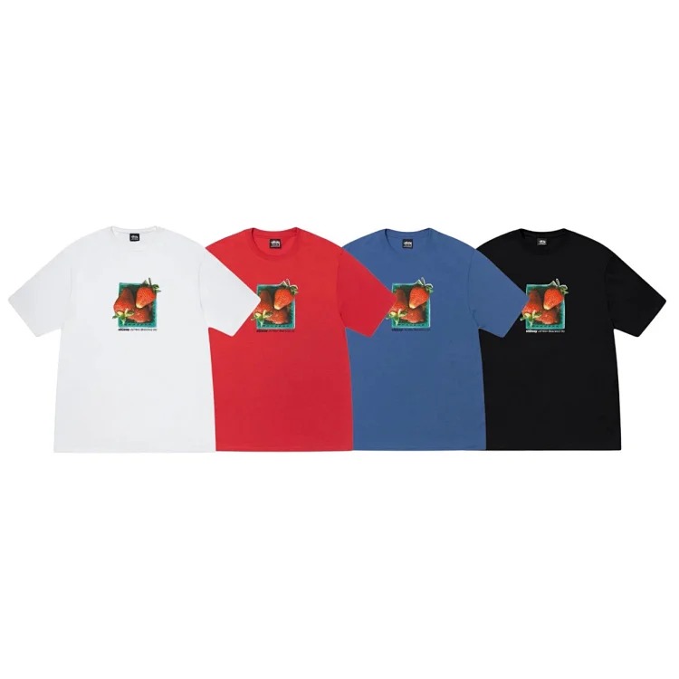 26SS STUSSY Fruit Series Three Strawberries Print Round Neck Short Sleeve T-Shirt TEE