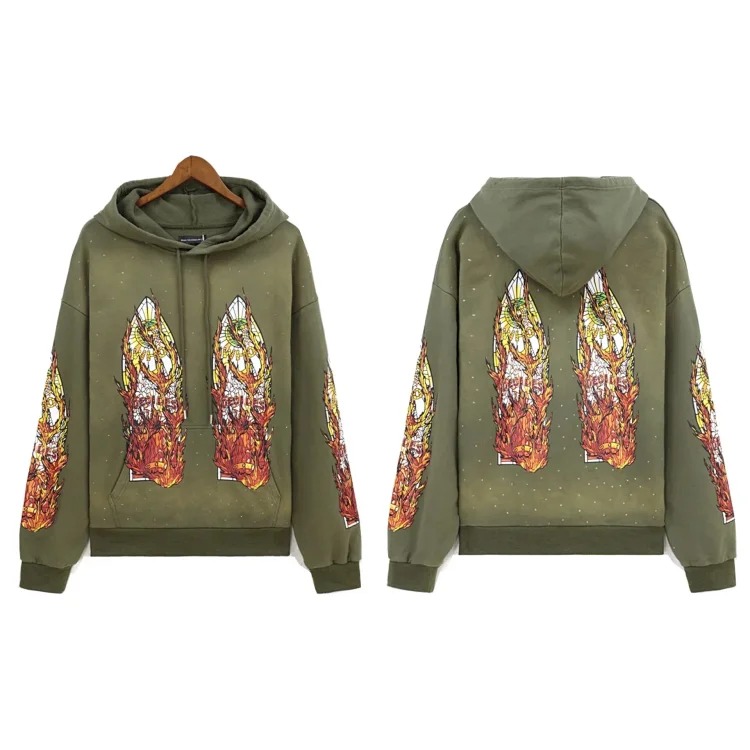 Washed distressed heavy industry print suit retro hooded sweatshirt