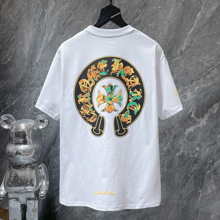 Cross horseshoe patchwork leather and ruffled short-sleeved T-shirt
