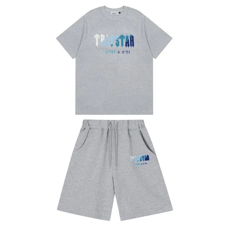 Gradient letters white and blue towel embroidery short-sleeved T-shirt shorts men's couple casual suit ins