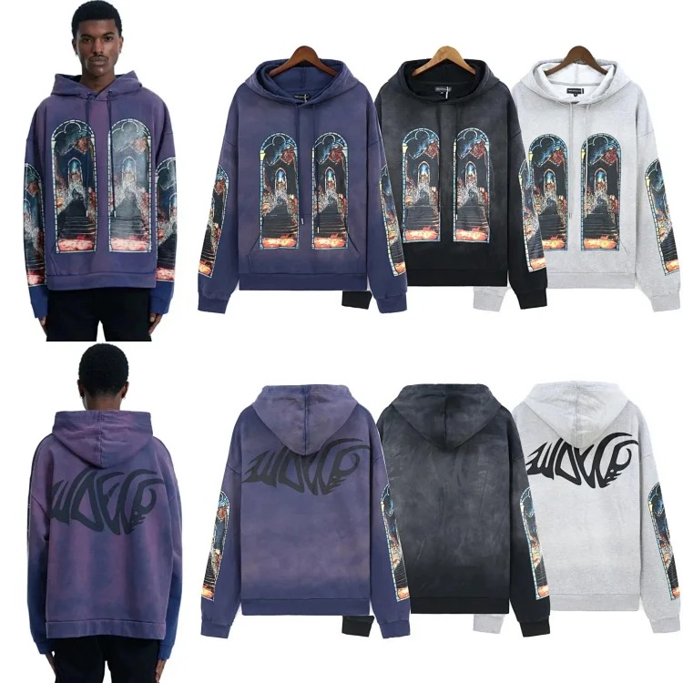 Washed distressed heavy industry print suit retro hooded sweatshirt