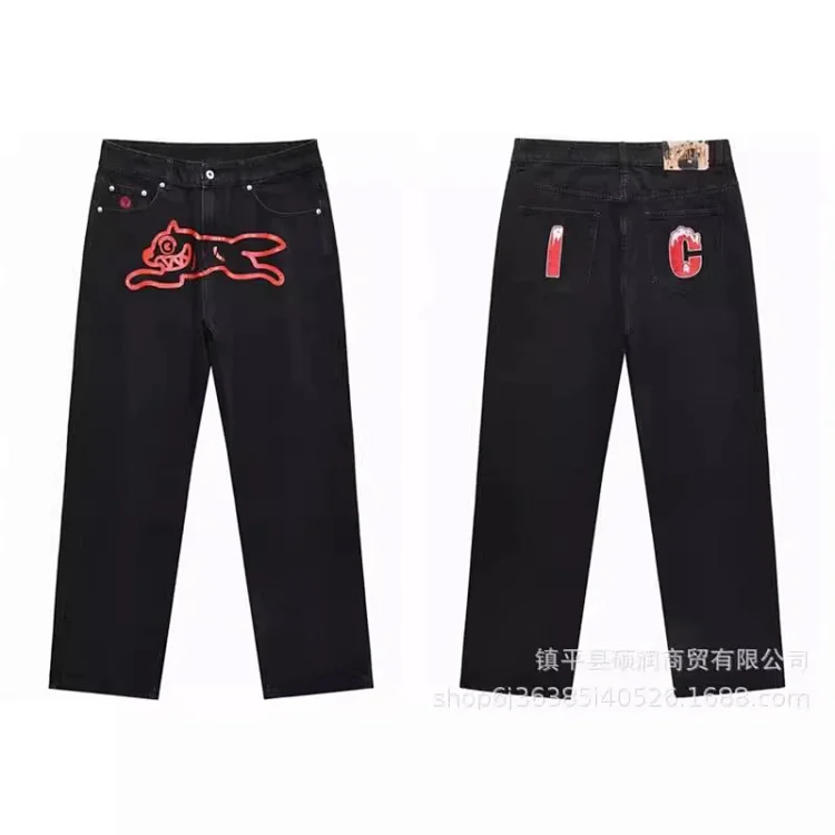American high street fashion brand flying dog print unisex denim trousers