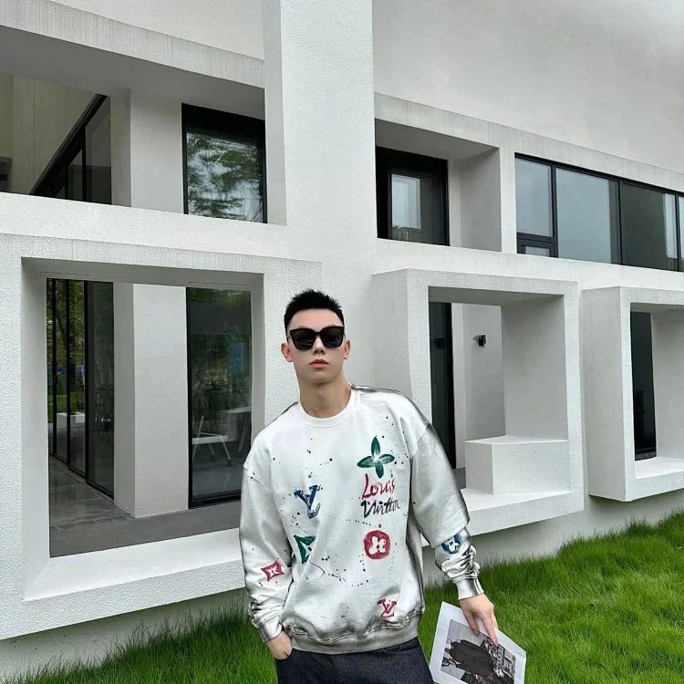 V sweatshirt washed destroyed hand-painted round neck V sweatshirt for men and women