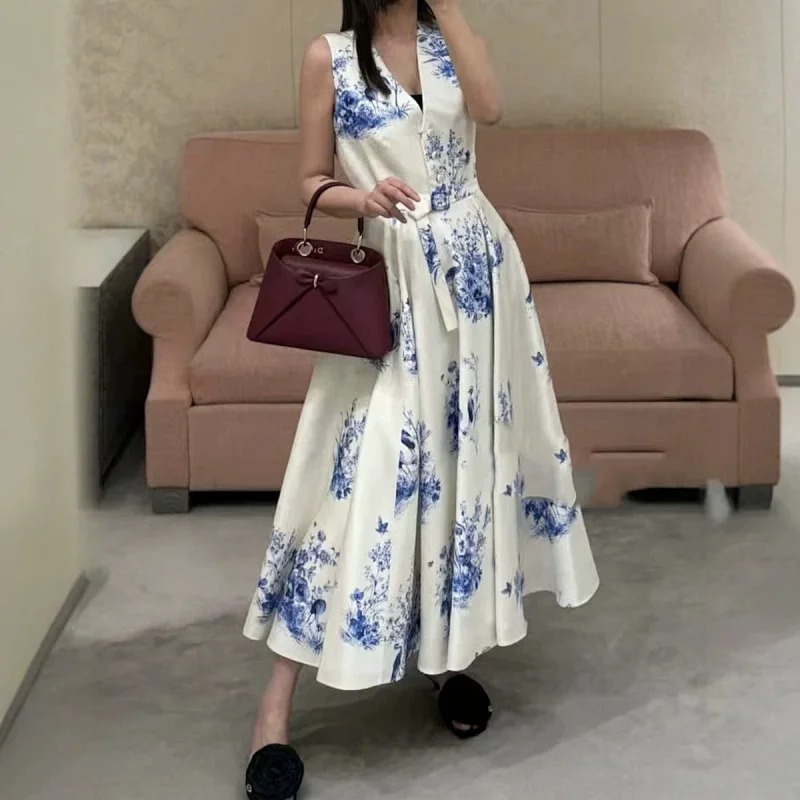 Skirt Seaside Vacation Blue and White Printed Long Skirt
