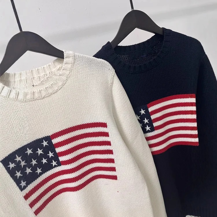 Five-pointed star embroidered striped flag pullover round neck knitted sweater for women for men and women