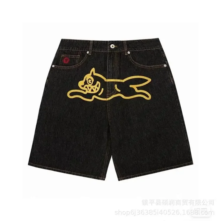 American high street fashion brand flying dog print unisex denim trousers
