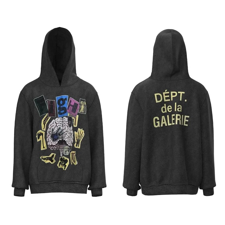 Distressed brain print casual loose hooded sweatshirt for men and women