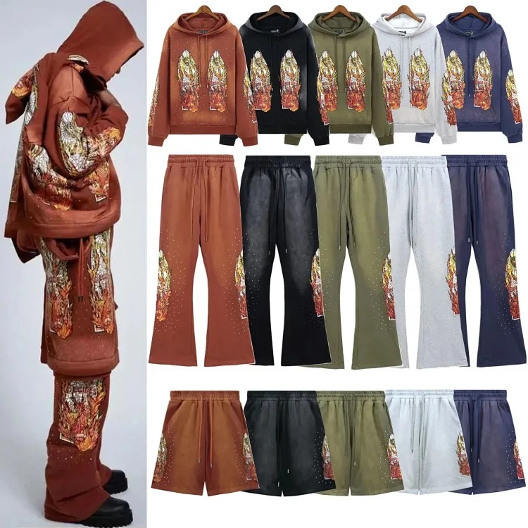 Washed distressed heavy industry print suit retro hooded sweatshirt