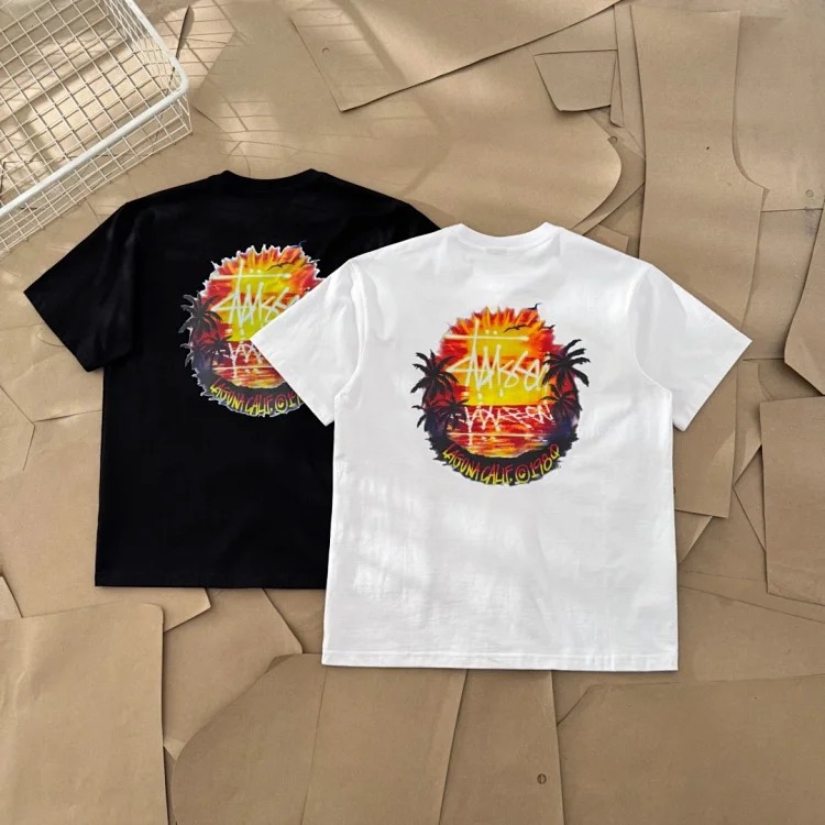 25SS Stussy American Coconut Palm Sunset Scenery Printed Short-sleeved T-shirt TEE Stussy Originated