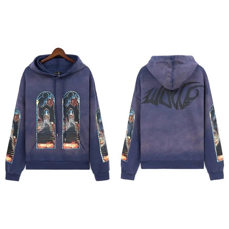 Washed distressed heavy industry print suit retro hooded sweatshirt