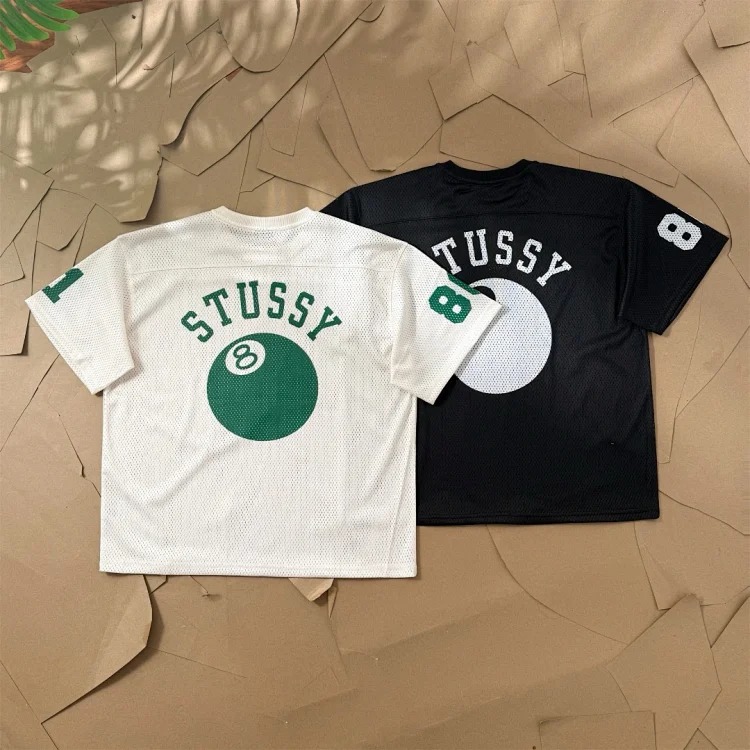 of Stussy Summer Sports Black Eight-Ball Series Mesh Printed Round Neck Pullover Short-Sleeved T-Shirt