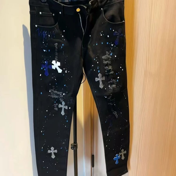 Chrome Hearts High Street Black Cross Hot Drilled Punched Jeans