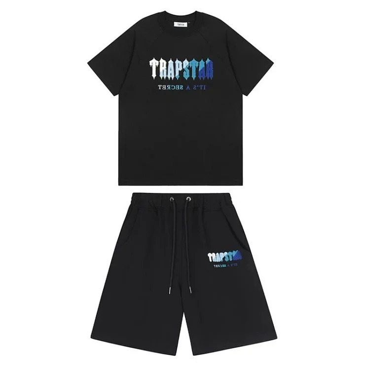 Gradient letters white and blue towel embroidery short-sleeved T-shirt shorts men's couple casual suit ins