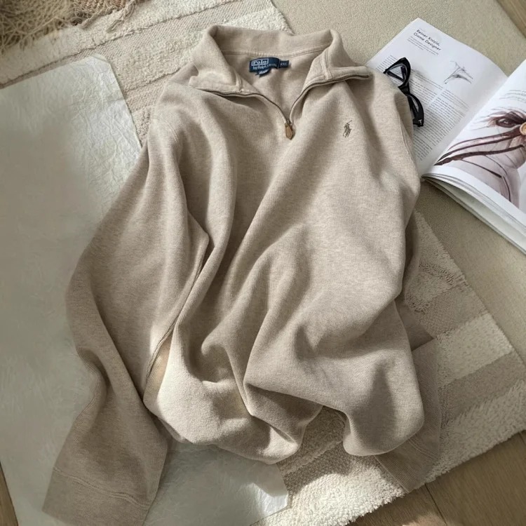 Half-zip loose sweatshirt men's polo couple sweatshirt women's retro long-sleeved lapel