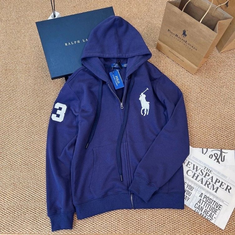 POLORalph Lauren Hooded Cardigan Zipper Jacket Unisex Ponytail with Fleece Warm Hoodie
