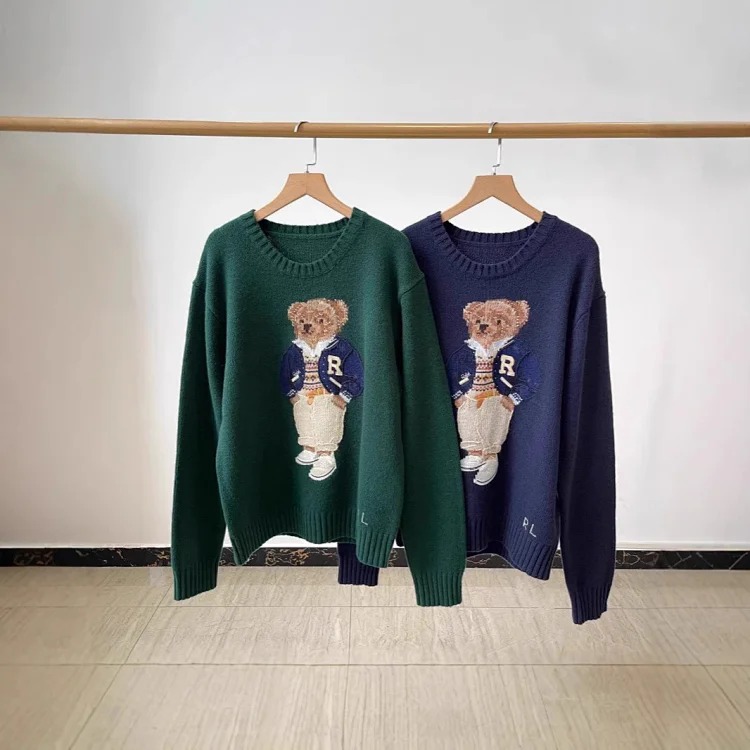 Xiaoma~Autumn and winter new R embroidered baseball uniform cartoon bear sweater loose lazy style versatile sweater
