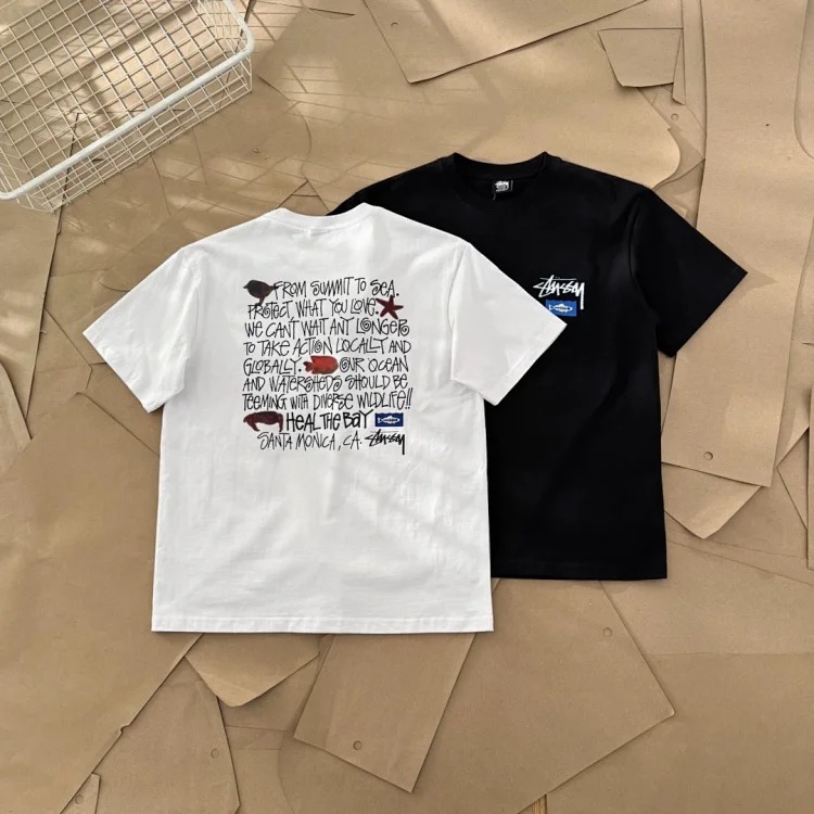 25SS Stussy X Heal the Bay Joint Model Ocean Pattern Letter Printed T-Shirt