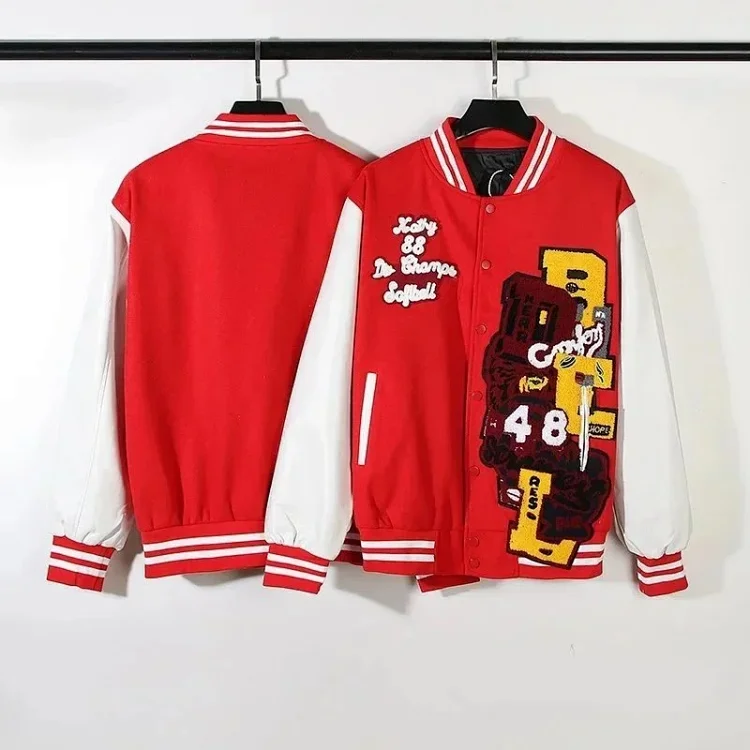 Longfengni Lined Fabric Autumn American Travis Scott Casual Towel Embroidery Baseball Jacket