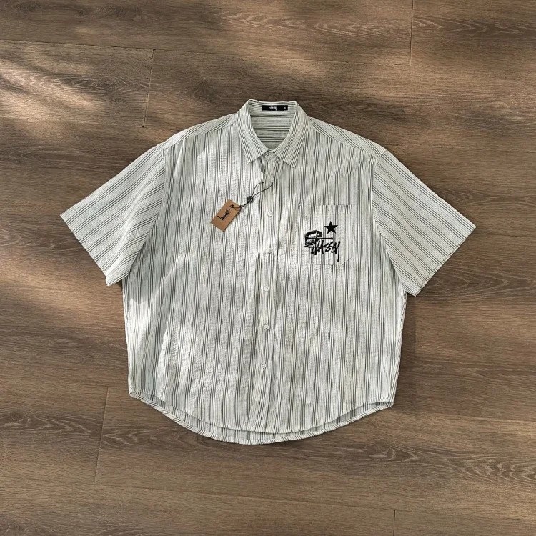 Stussy Spring and Summer Lightweight Classic Striped Double-sided Printed Short-sleeved Shirt, for T-Shirt