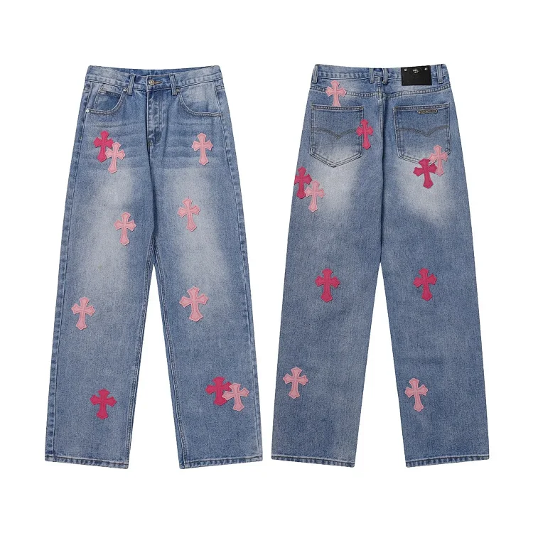 Chrome Hearts High-quality Leather Cross Men's and Women's American Straight-through Loose Jeans