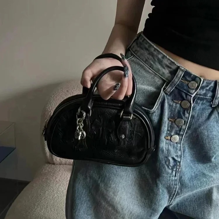 Diagonal Handbag, Women's Bowling Head Cross Pillow, Retro Embossed Cowhide Shoulder Bag, Small