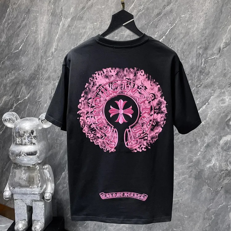 Cross horseshoe patchwork leather and ruffled short-sleeved T-shirt