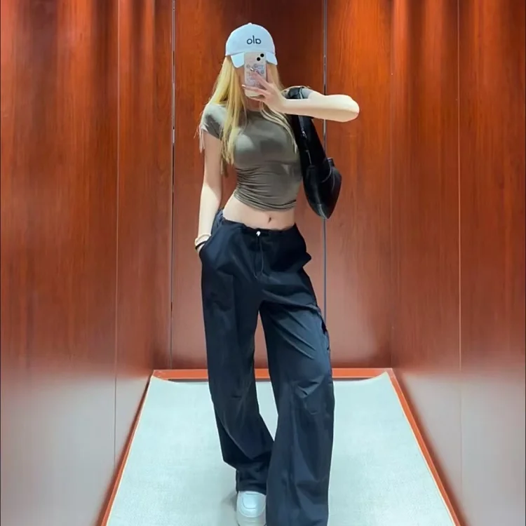 Paratrooper overalls, wide-leg pants, high-waisted casual slimming, lightweight, quick-drying drawstring sports casual trousers * No returns will be accepted without reason if there are no q