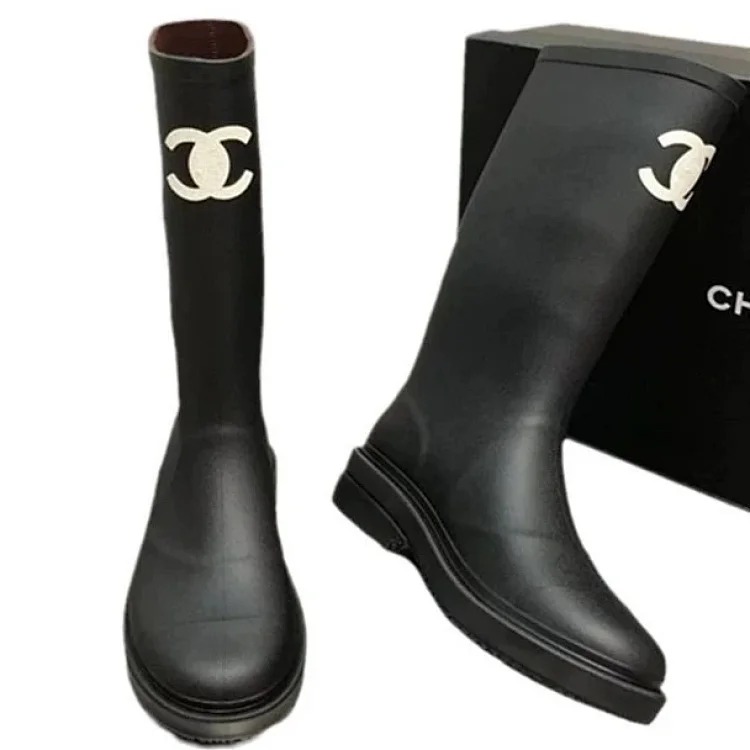 Boots Rider Black Women's Mid-Length Boots Thick-soled Small Rubber Antique Fragrant High Rain Boots Fashionable *No quality issues, no returns without reason