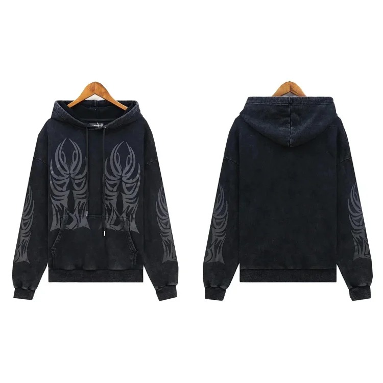 Washed distressed heavy industry print suit retro hooded sweatshirt