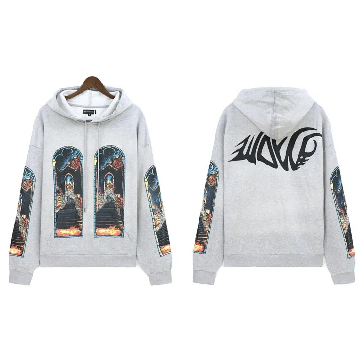 Washed distressed heavy industry print suit retro hooded sweatshirt