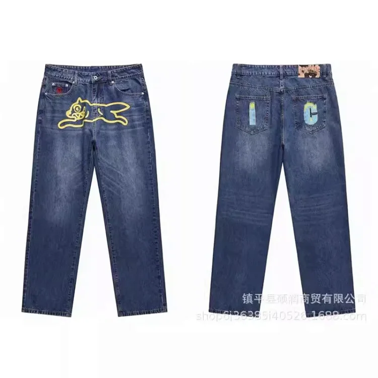 American high street fashion brand flying dog print unisex denim trousers