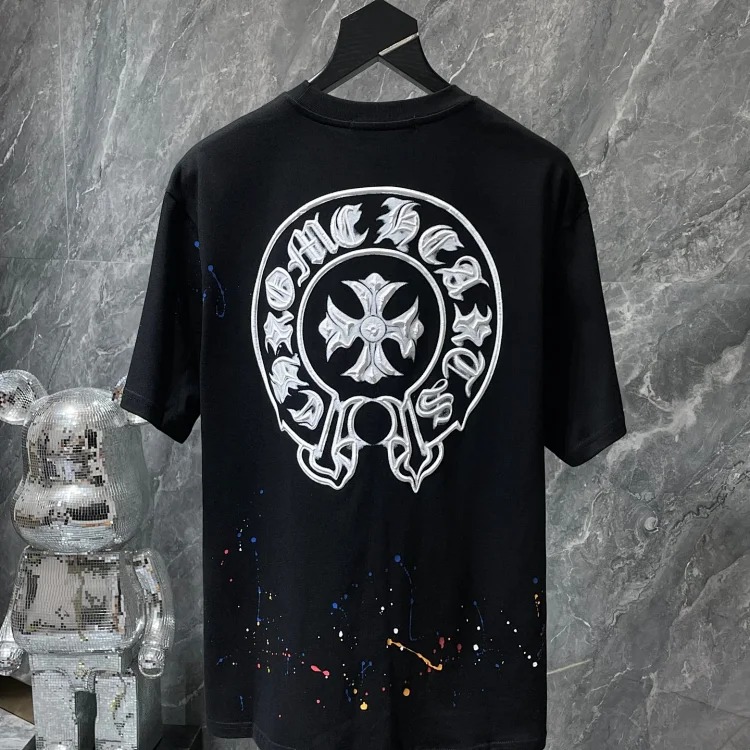 Cross horseshoe patchwork leather and ruffled short-sleeved T-shirt