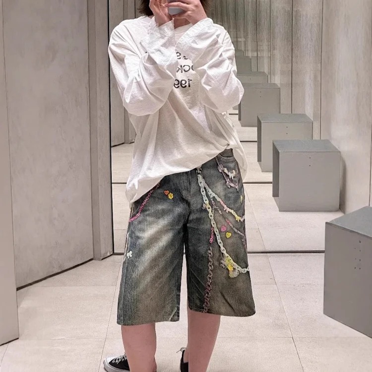Ac style 3D digital print candy chain jeans cat whiskers distressed cropped pants straight wide leg shorts