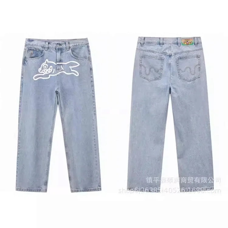 American high street fashion brand flying dog print unisex denim trousers