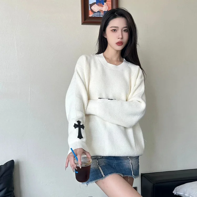CH cuffs cross-frame leather waffle pullover sweater for men and women