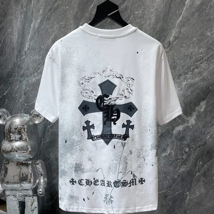 Cross horseshoe patchwork leather and ruffled short-sleeved T-shirt