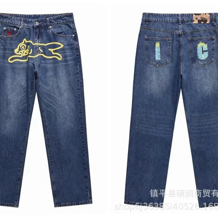 American high street fashion brand flying dog print unisex denim trousers