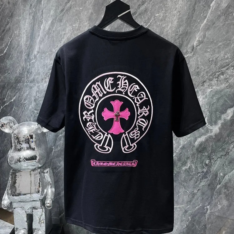 Cross horseshoe patchwork leather and ruffled short-sleeved T-shirt