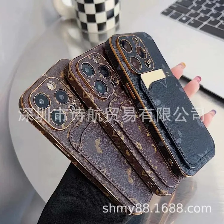 适用苹果ihone15pro全包插卡网红手机壳经典老花精致防摔保护套