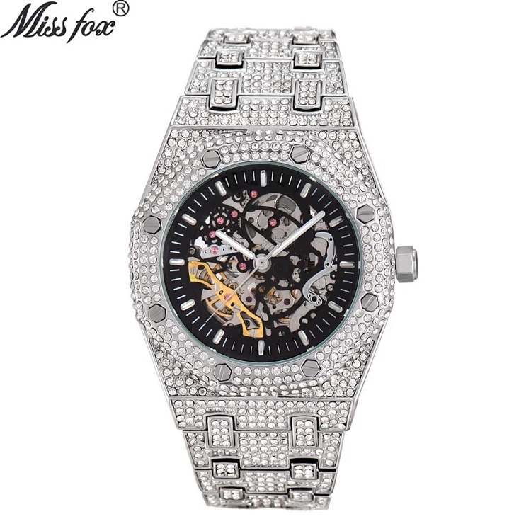 MISSFOX European and American popular full diamond hollow automatic mechanical watch waterproof luminous stainless steel men's watch