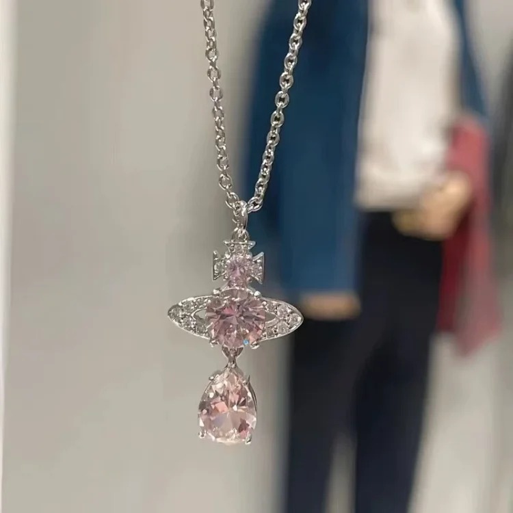 Cabinet-level quality Queen Mother Saturn full diamond brooch chain Saturn necklace paper clip clavicle chain for women